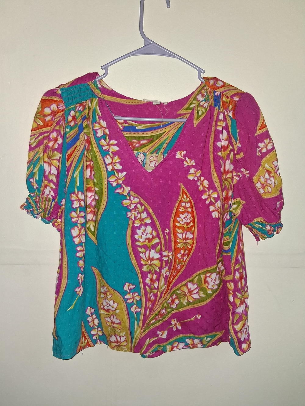Floral V-Neck Puff Sleeve Blouse - Magenta & Teal